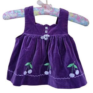 Vintage Purple Velour Baby jumper Dress With Cherry Embroidery 18 Months